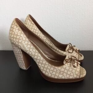 COACH Corey Pumps High Heel Bow Peep Toe Chunky Shoes 10 B Signature Lace Up